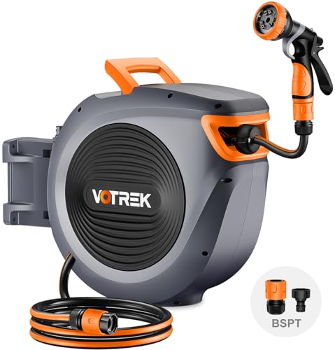 Retractable Garden Hose Reel Outside [1/2 inch ×100 FT], VOTREK Automatic Rewind Wall Mounted Hose Reel [Heavy Duty] with Any Length Lock