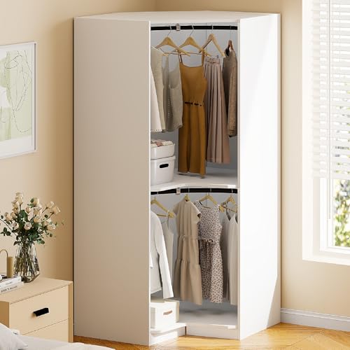 Merax Corner Wardrobe Closet Organizer with 2 Hanging Rails & Shelves, Open Style Clothes Storage Cabinet for Bedroom