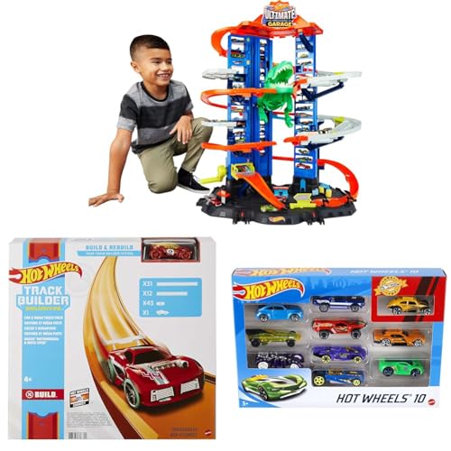 Hot Wheels City Toy Car Track Set, Ultimate Garage with T-Rex Dinosaur, Store 100+ 1:64 Scale Vehicles, 3-ft Tall, with 2 Cars (Amazon Exclusive)