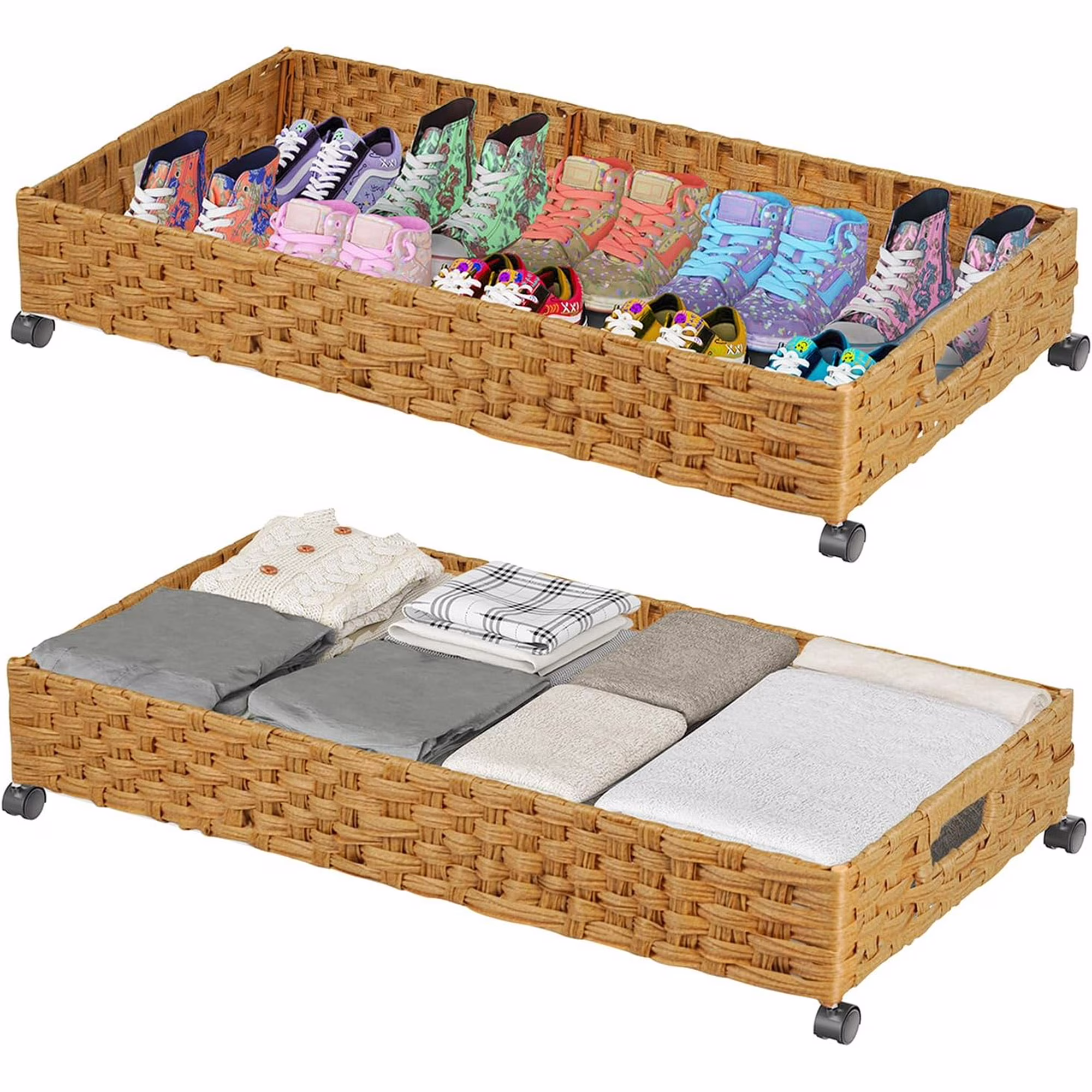 Under Bed Storage Containers with Wheels, 2 Pack 31.5in / 35L Handmade Rattan Underbed Organizer Drawer
