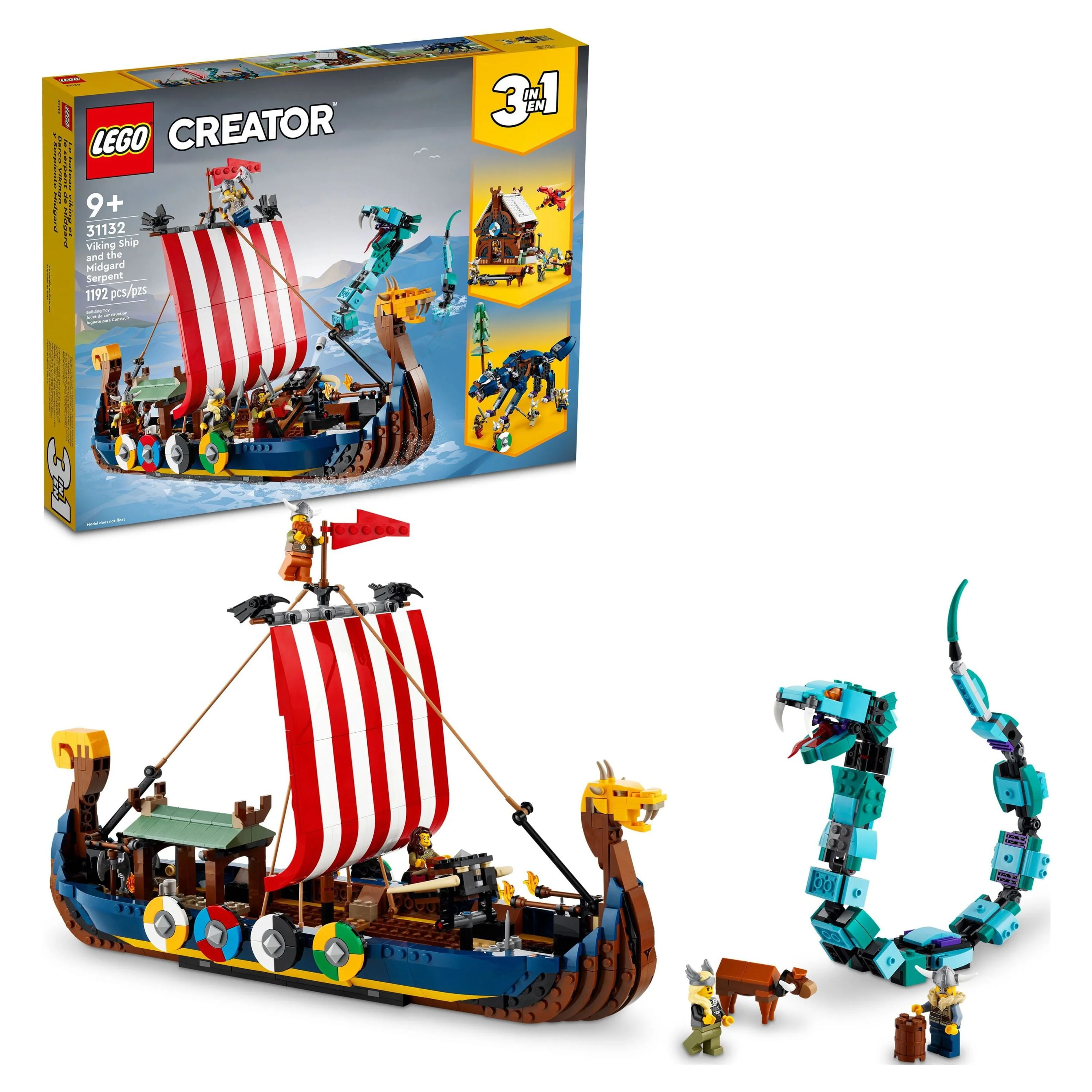 LEGO Creator 3 in 1 Viking Ship and the Midgard Serpent, Transforms from Amazing Ship to Viking House or Fenris Wolf Figure, Gifts for Kids, Boys