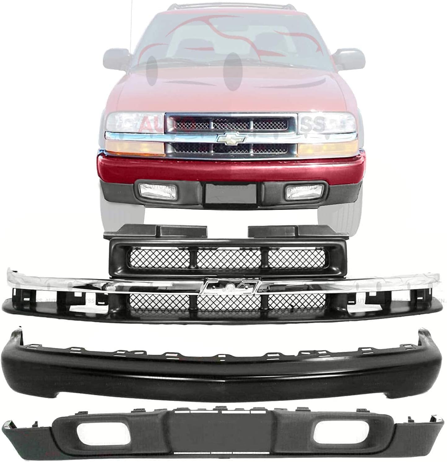 New Front Bumper Paintable Steel + Lower Valance Air Deflector Textured + Grille with Chrome Center Bar For 1998-2004 Chevrolet S10 Pickup 4WD Direct