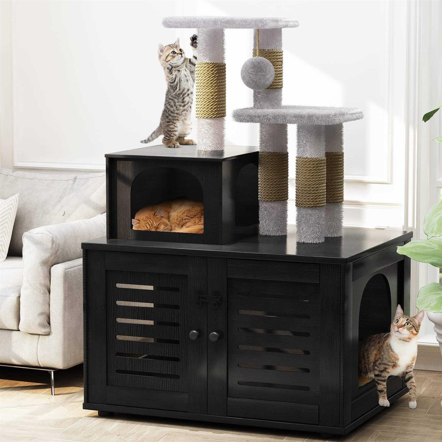Recaceik Cat Litter Box Enclosure with Cat Tree Hidden Cat Washroom Furniture with Divider - Pet Supplies online store