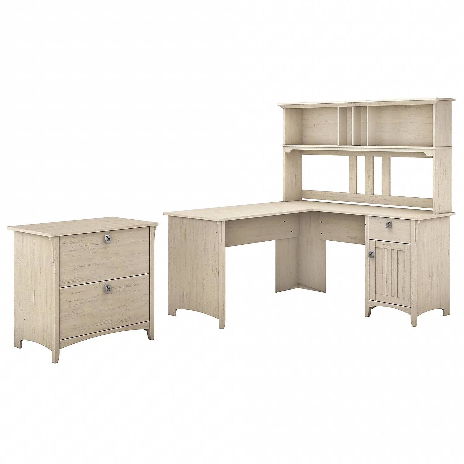 Salinas L Desk with Hutch & File Cabinet in Antique White - Engineered Wood