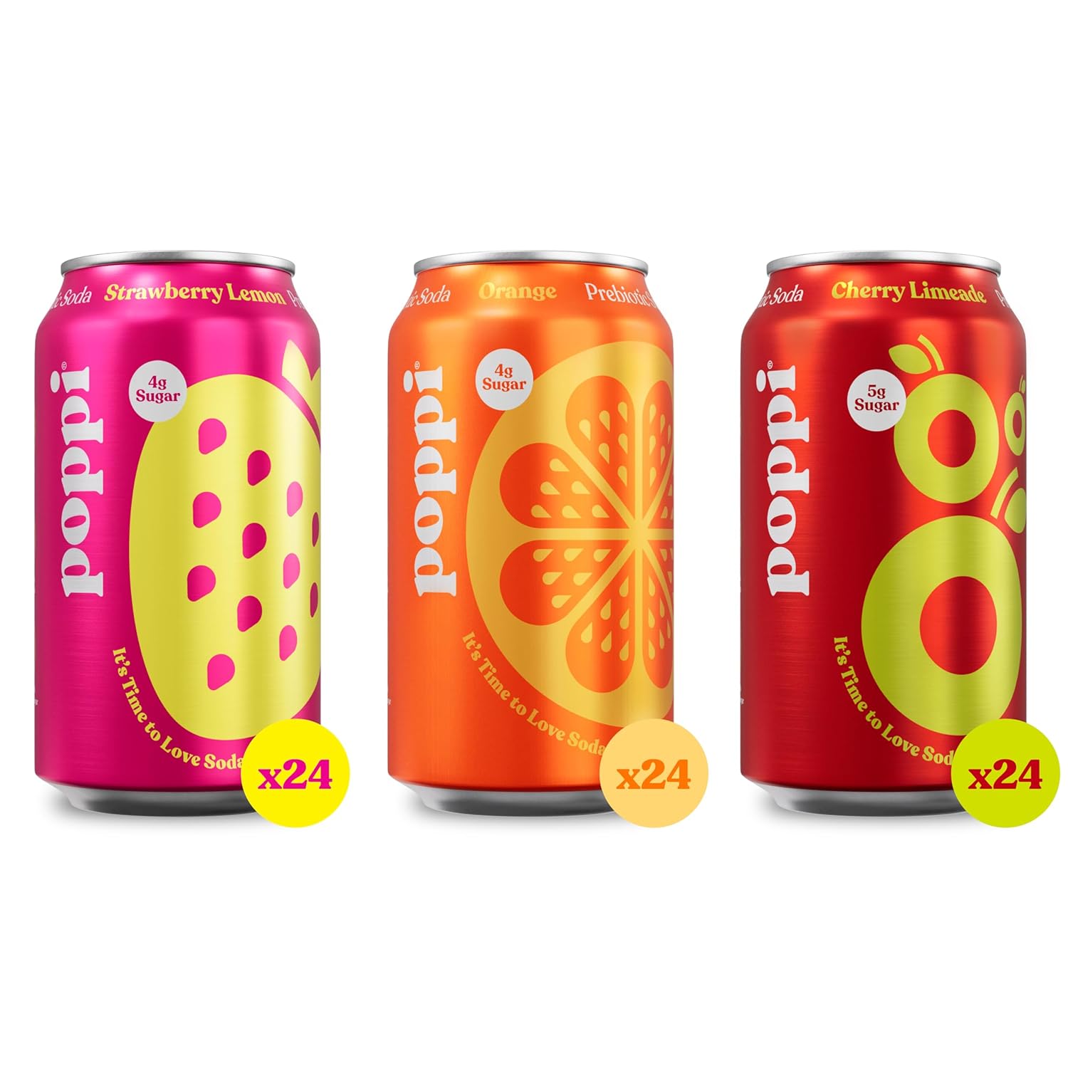 POPPI Sparkling Prebiotic Soda, Bulk 72-Pack, Strawberry Lemon, Orange, Cherry Limeade Beverages made with Apple Cider Vinegar