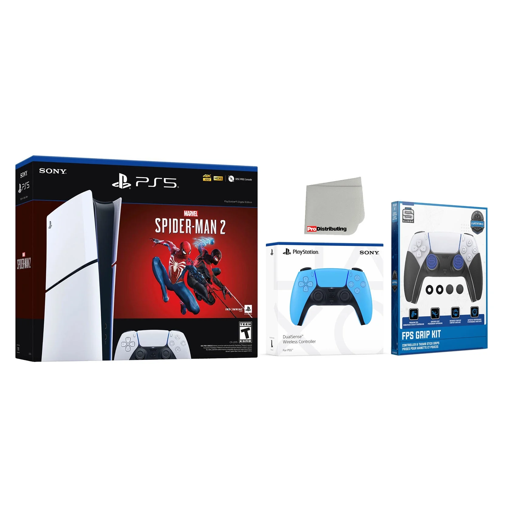 Sony PlayStation 5 Digital Slim Marvel’s Spider-Man 2 Bundle with Extra Starlight Blue Controller and FPS Grip Kit - Curated Treasures Market