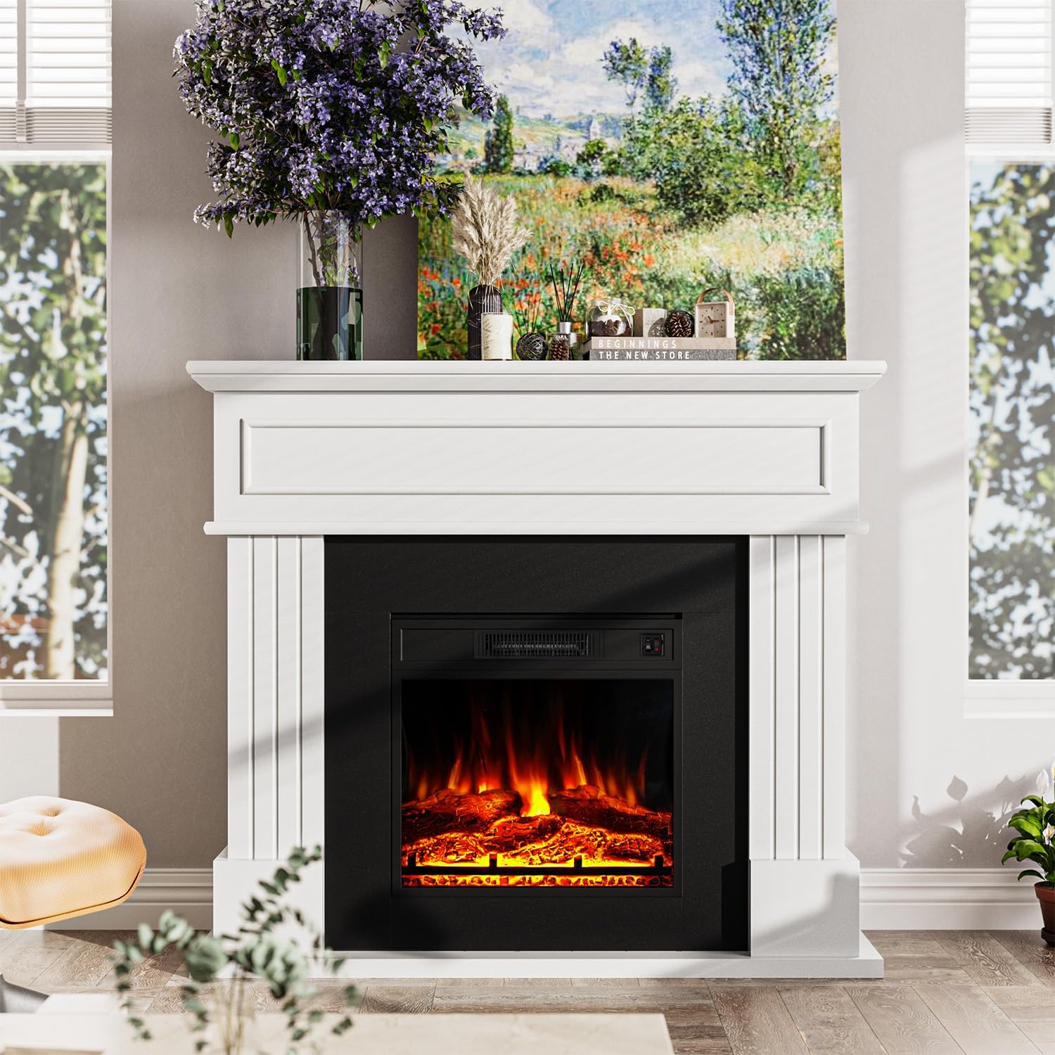 Electric Fireplace with 43" Mantel, 18 inchs Electric Fireplace Insert, Freestanding TV Stand with Fireplace Heater, Faux Log & Led Flames