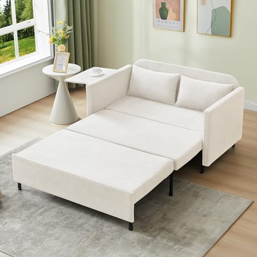 3-in-1 Sleeper Sofa Bed, 51'' Convertible Folding Couch with Pullout Bed, Chenille Futon Sleeper Sofa with Side Table and 2 Pillows