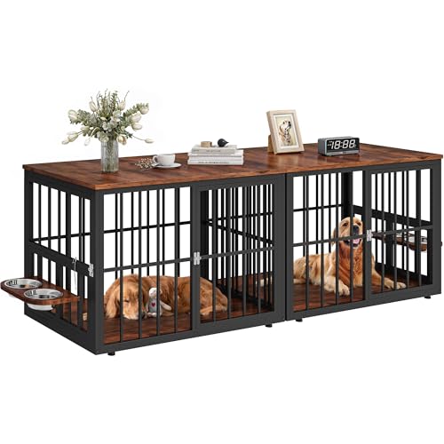 YITAHOME 88.6" Large Corner Dog Crate Furniture for 2 Dogs, Large Wooden Dog Kennel with Dog Bowls & 3 Doors