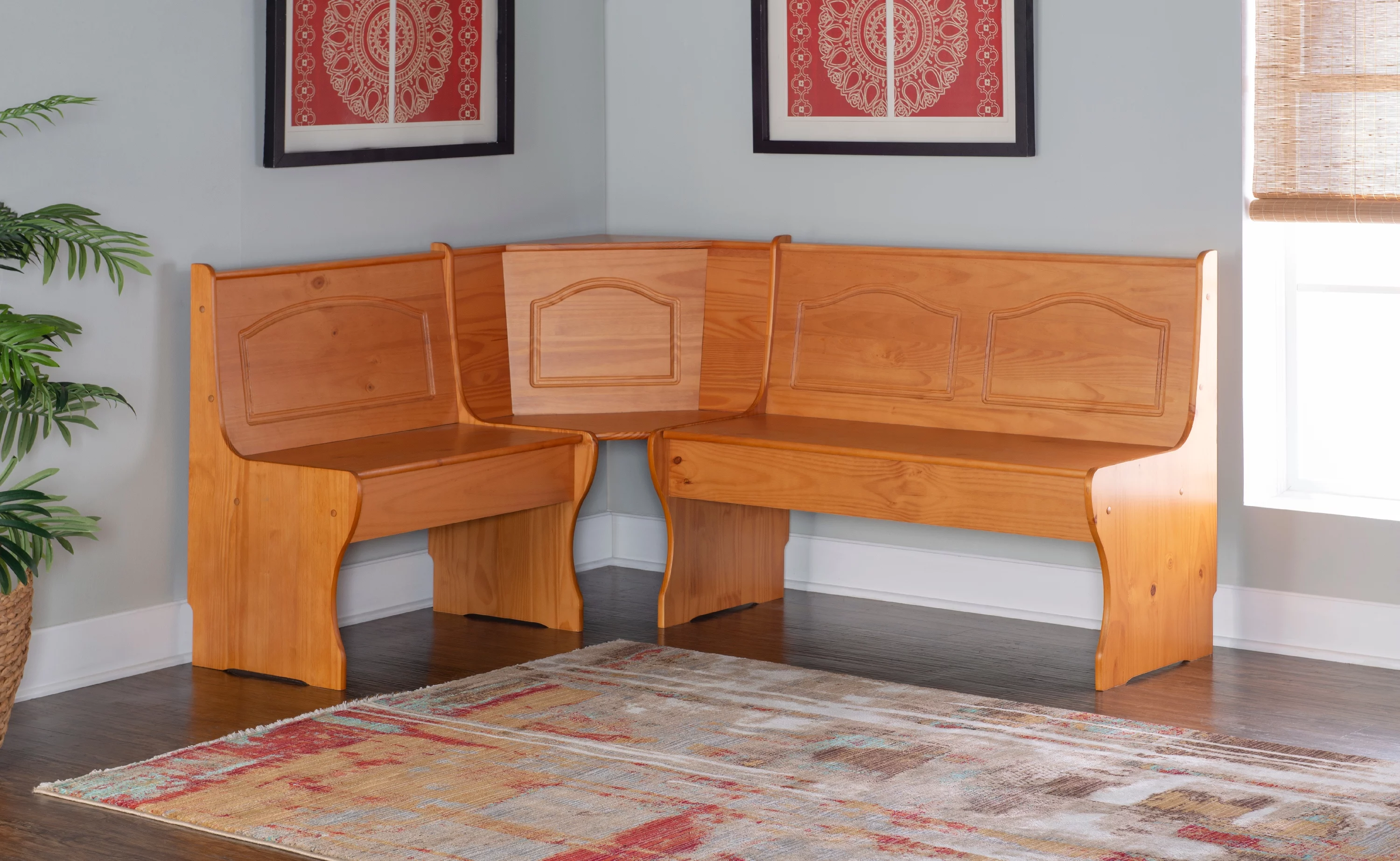 Linon Varden Corner Dining Breakfast Nook with Storage, Seats 4 (Table Sold Separately), Natural Honey Finish