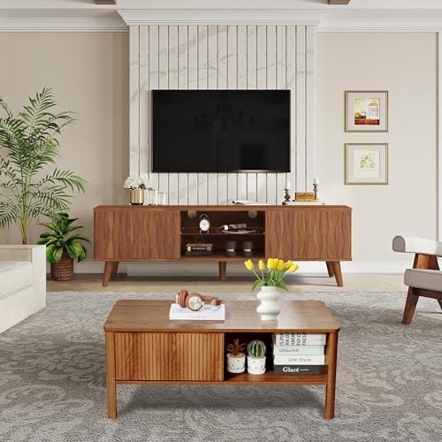 Led TV Stand and Coffee Table Set, Mid Century Modern TV Stand 65 inch TV Table Stand with Sliding Doors, Coffee Table with Storage