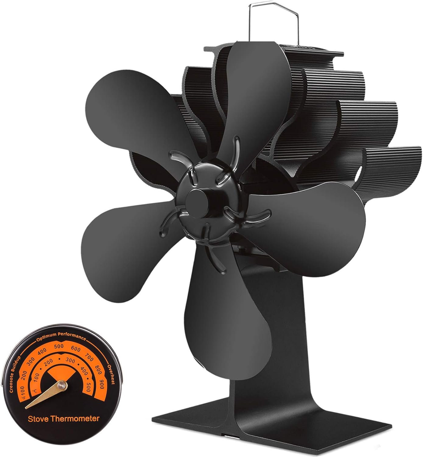 Slivek 5-Blades Fireplace Stove Fan, Silent Motors Heat Powered Stove Fan with Thermometer for Wood, Log Burner, Fireplace Pack of 2