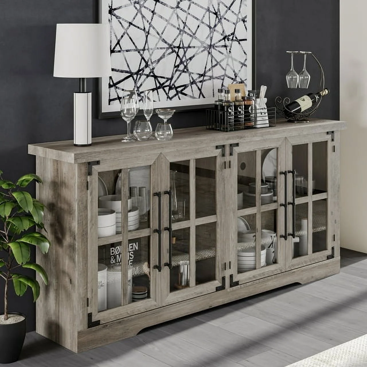 AMERLIFE 63" Buffet Sideboard Cabinet with Storage, Large Modern Farmhouse Cabinet, Rustic Grey