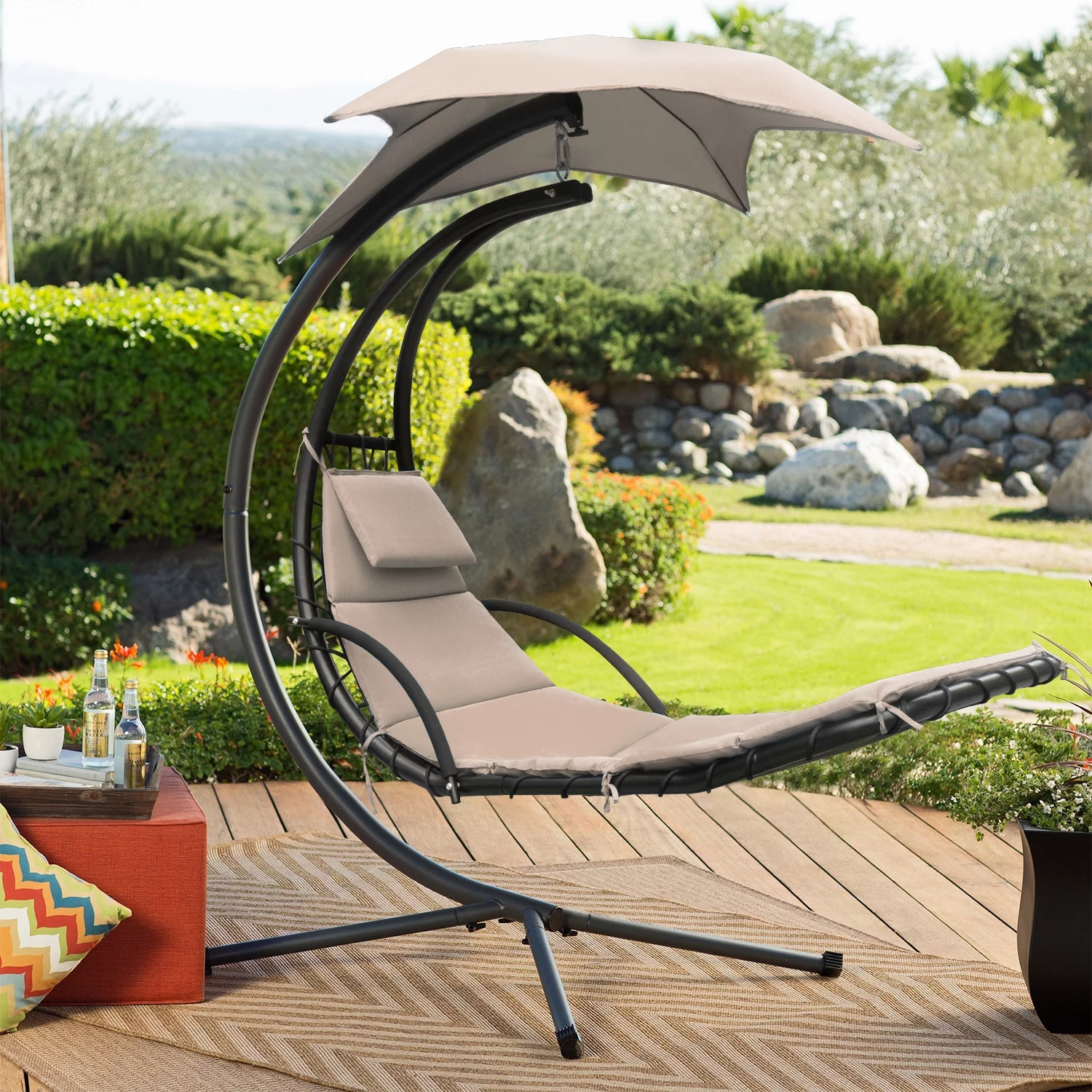 Lacoo Outdoor Hanging Curved Chaise Lounge Chair Patio Swinging Hammock W/ Pillow, Canopy & Stand for Backyard,Metal, Polyester Beige