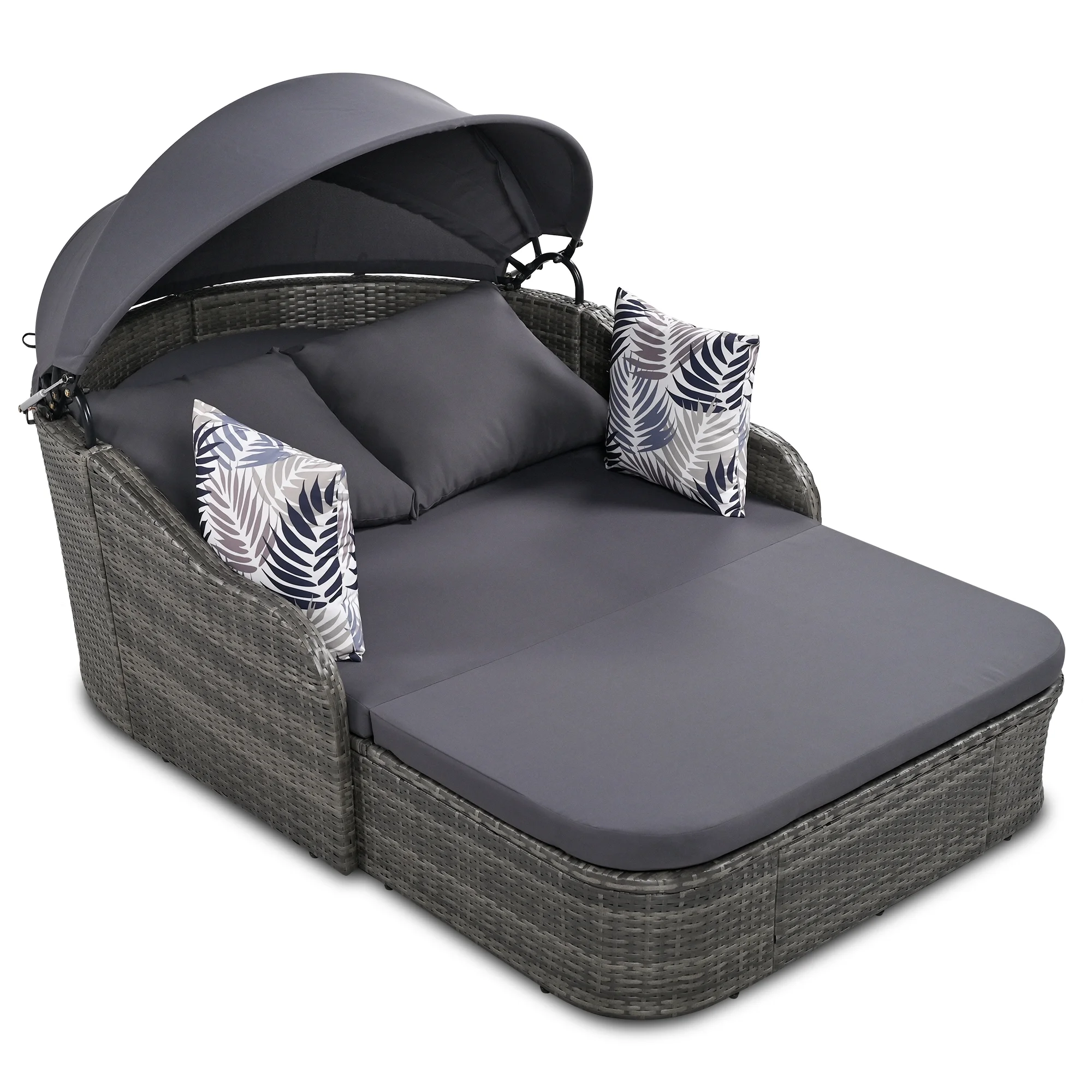 Royard Oaktree Outdoor Wicker Daybed with Adjustable Canopy Patio Double Sunbed with Cushion and Decorative Pillows Rattan Sofa Bed for Backyard