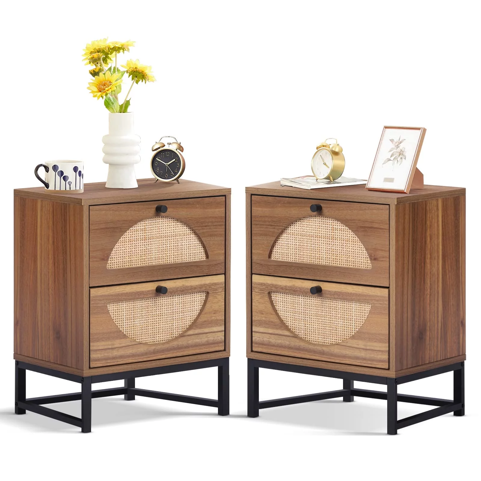 AWQM Rattan Nightstand with 2 Drawer, 2-Pieces Farmhouse End Table Small Accent Table with Storage,Wood Bedside Table Accent Cabinet for Small Space