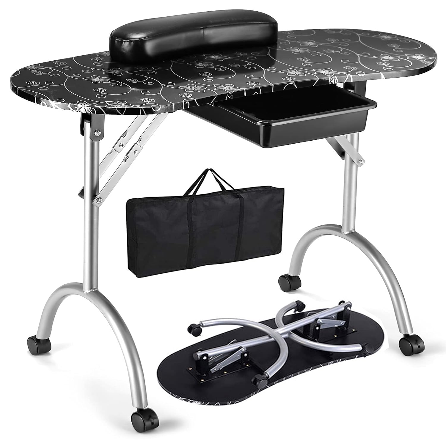 Giantex Portable Manicure Table, Foldable Nail Tech Table with Large Drawer, Wrist Rest, 4 Lockable Casters, Carrying Bag