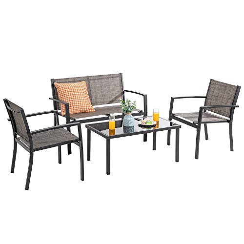 Vongrasig 4 Pieces Patio Furniture Sets,Outdoor Patio Conversation Sets with Glass Coffee Table, Small Porch Balcony Furniture