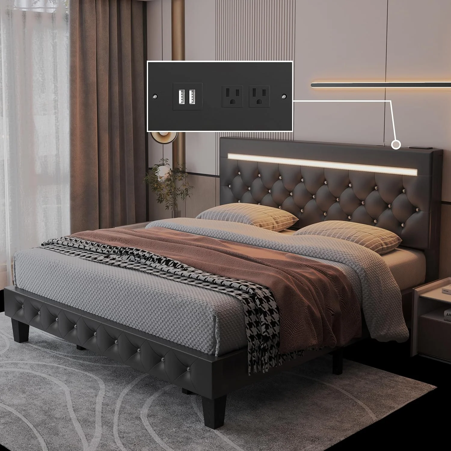 Kallabe Full Size  Bed Frame with Headboard, LED Leather Bed Frame Full, Upholstered Platform Bed with USB Ports & Socket, APP Control