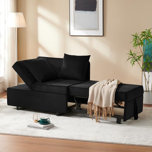 Sofa Bed 4-in-1 Convertible Pull Out Couch, Velvet Love seat Couch Sleeper Chair Bed with 2 Throw Pillow
