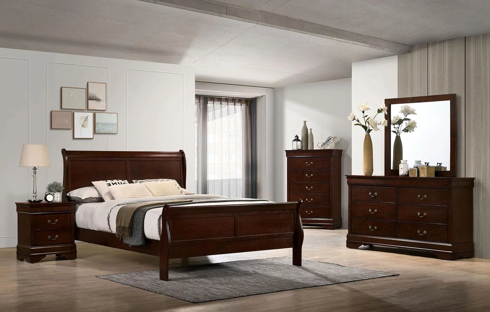 Cherry Solid Wood Full Bedroom Set 5pcs FOA CM7966CH Louis Philippe