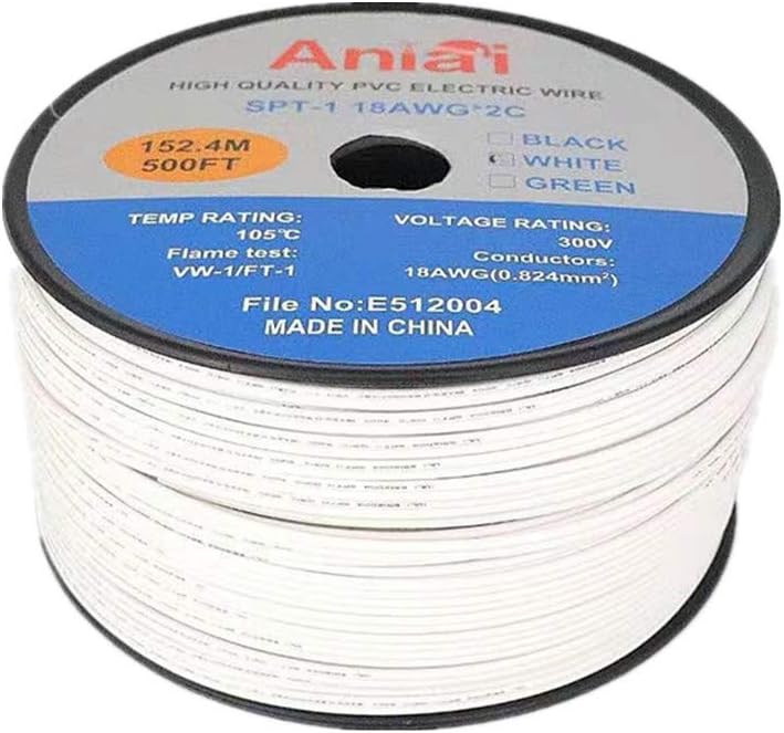 Aniai SPT-1 Commercial Grade Wire Bulk Electrical Wire 18 AWG 10 Amps 500 Foot Spool Zip Wire (White)
