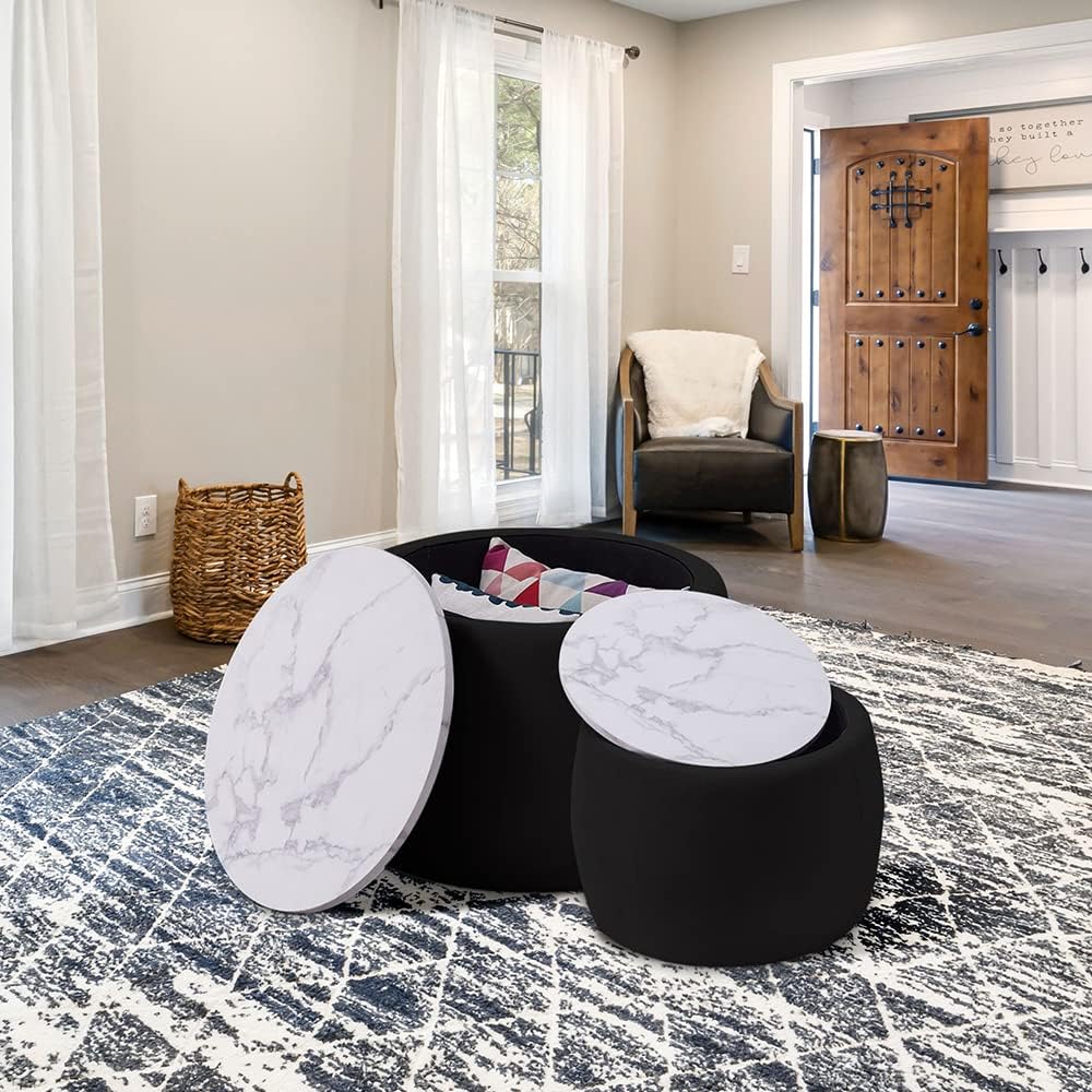 kevinplus Black Round Coffee Table Set of 2 Nesting Storage Ottoman for Living Room