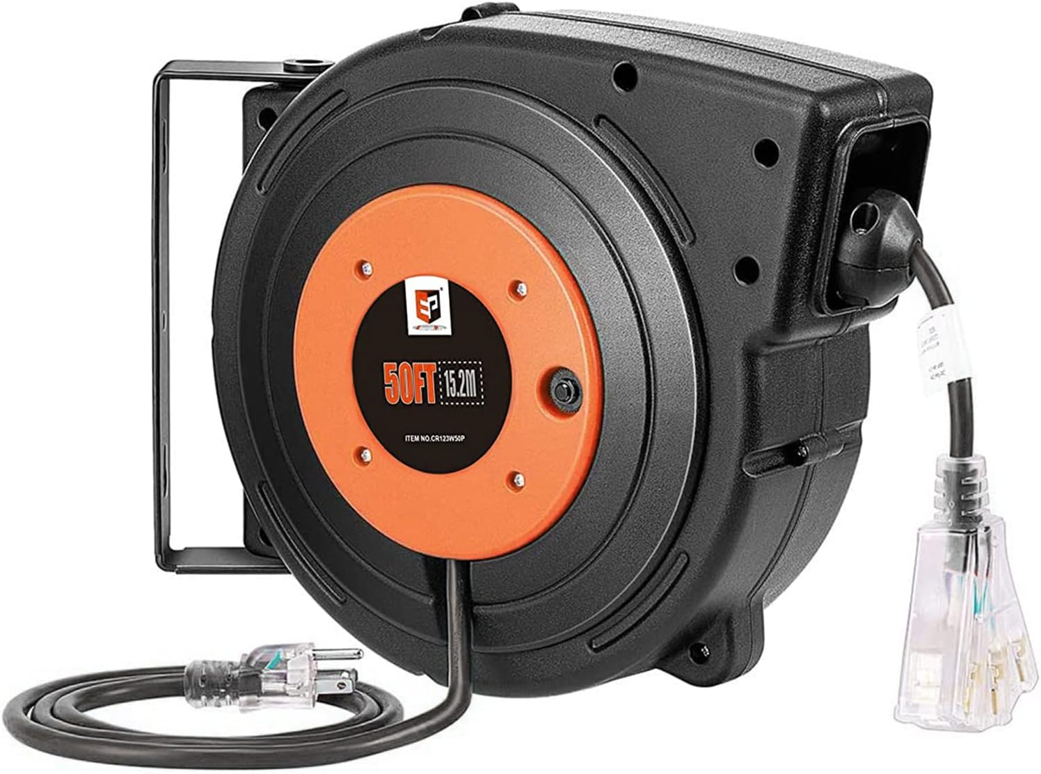 EP Retractable Extension Cord Reel, 50 Ft Heavy Duty Power Cord, 12 AWG/3C SJTOW, 15 AMP Circuit Breaker, Lighted Triple Tap, Ceiling or Wall Mount