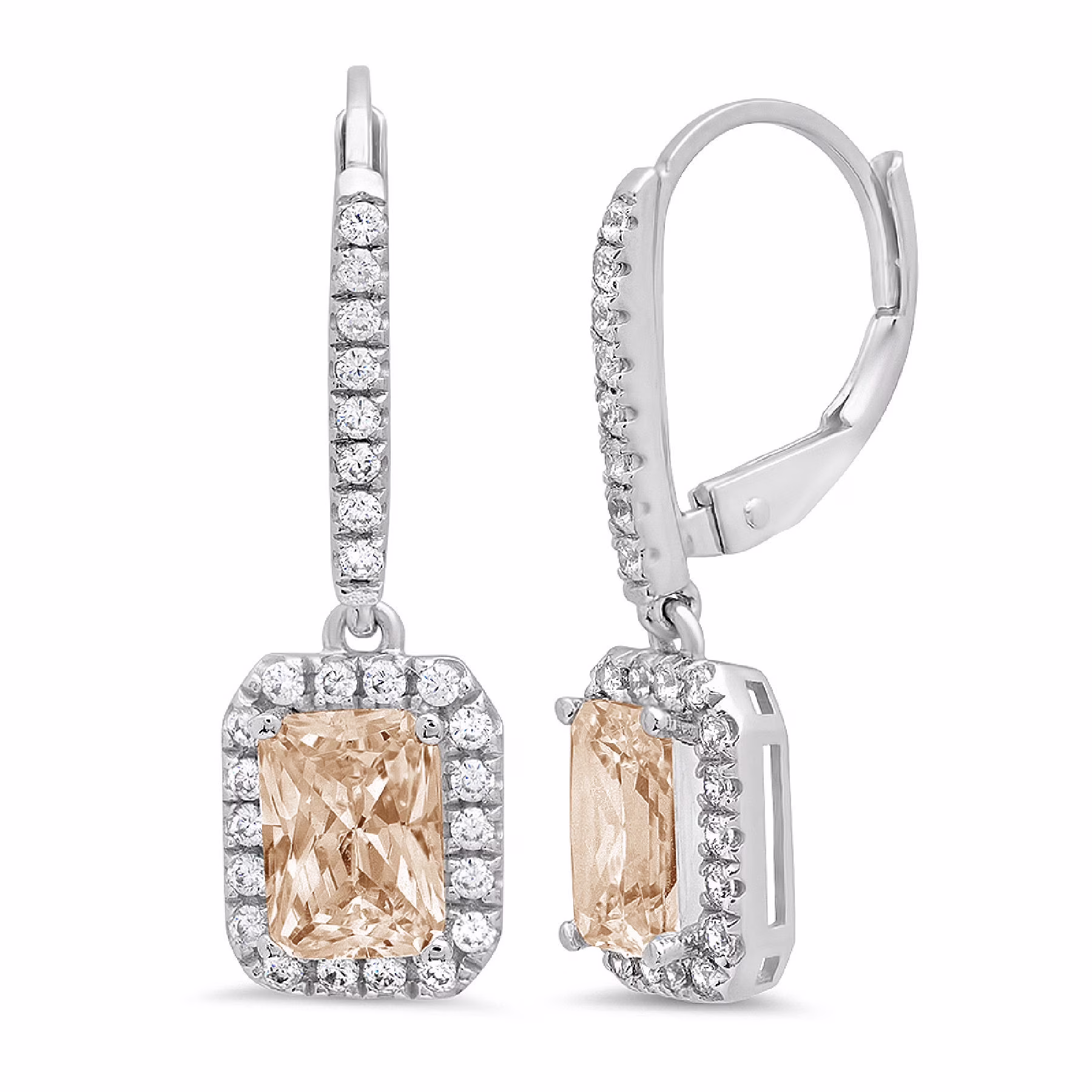 5.81Ct Brilliant Emerald Cut Halo Drop Dangle Brown Champagne Simulated Diamond Anniversary 18K White Gold Dainty Lever Back Earrings