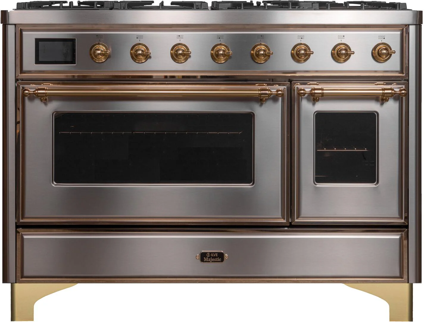 ILVE Majestic II 48 Dual Fuel Natural Gas Range in Stainless Steel with Brass Trim, UM12FDNS3SSG