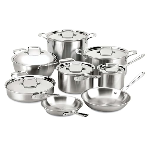 All-Clad D5 5-Ply Brushed Stainless Steel Cookware Set 14 Piece Induction Oven Broiler Safe 600F Pots and Pans Silver