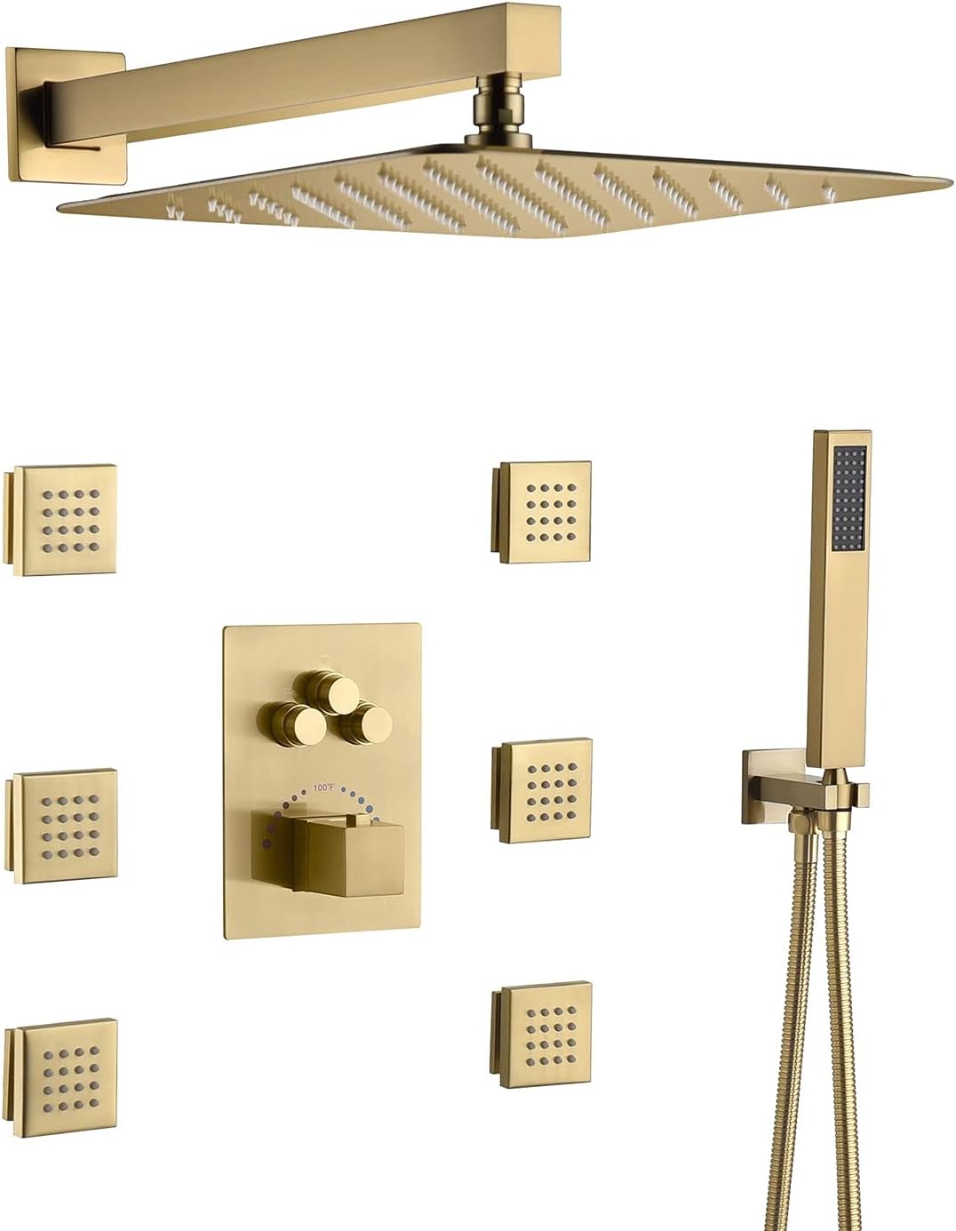Brushed Gold Wall Mounted 12 Inch Rainfall Shower Head 3 Way Thermostatic Shower Faucet with 6 Body Jets Each Function Work All Together and