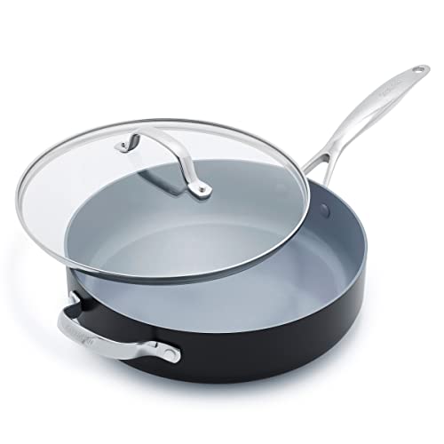 GreenPan Valencia Pro Stainless Steel 5QT Saute Pan with Lid, Induction Mirrored Tri-Ply, Ceramic Nonstick PFAS-Free PFOA- Free Coating