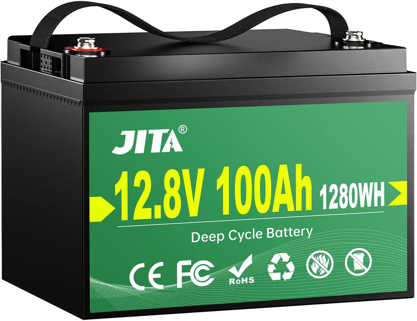 JITA 12V 100Ah LiFePO4 Lithium Battery RV Deep Cycle Battery, Built-in 100A BMS, 10 Year Life, 1280W Power Output for RV, Solar Power System, Marine
