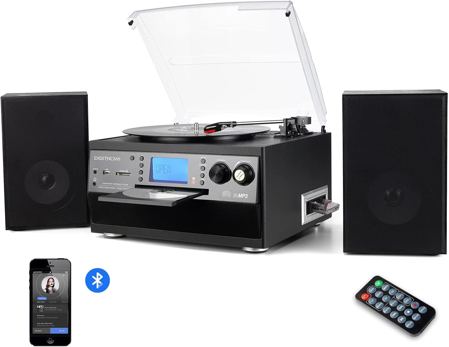 DIGITNOW Bluetooth Record Player Turntable with Stereo Speaker, LP Vinyl to MP3 Converter with CD, Cassette, Radio, Aux in and USB/SD Encoding