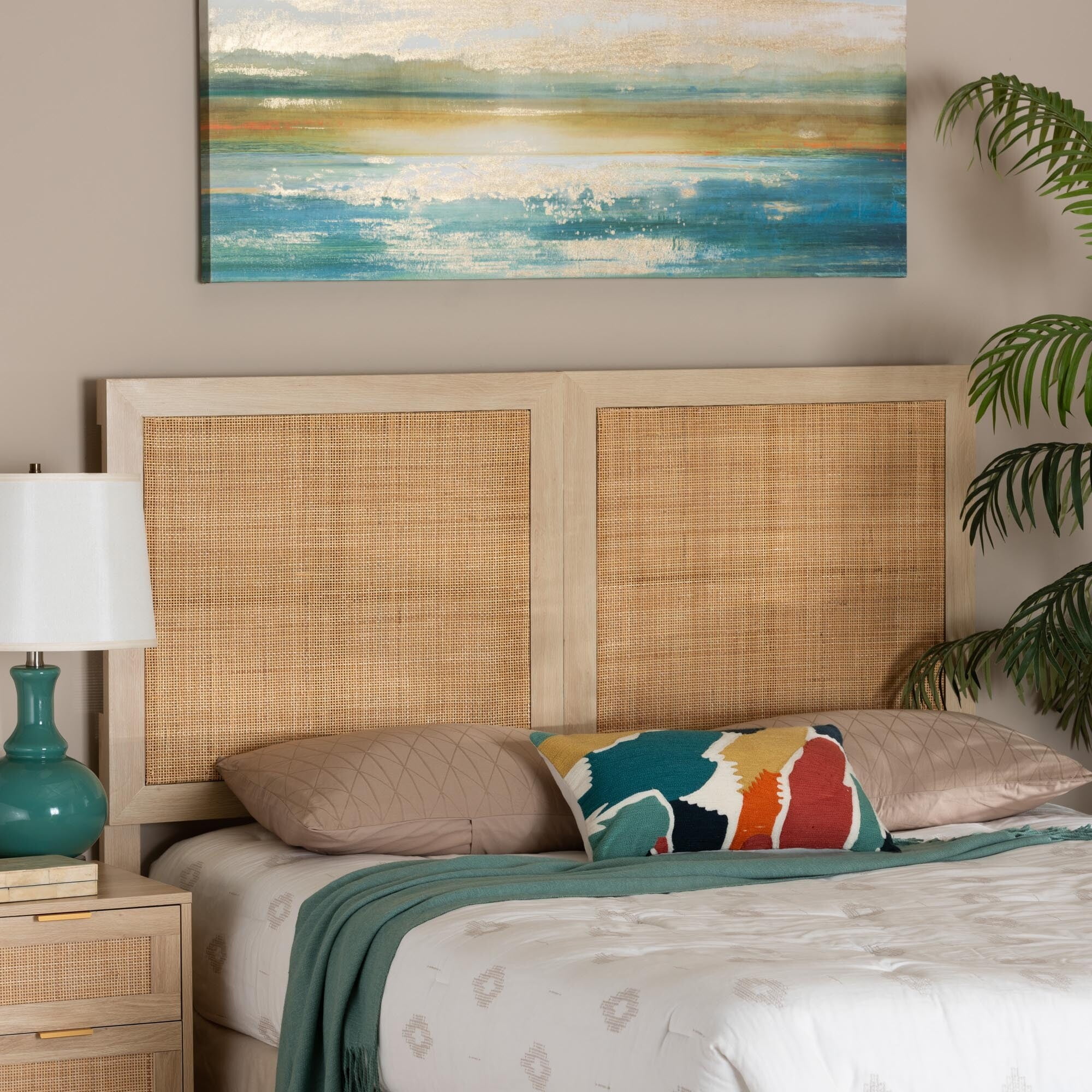 Baxton Studio Oline Modern Bohemian Light Brown Finished Wood and Natural Rattan Queen Size Headboard