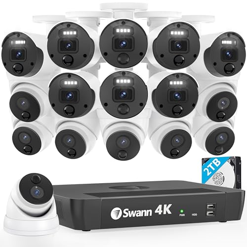 Swann 4K Master Security Camera System, 8 Bullet 8 Dome IP Cameras, 16-Ch NVR with 2TB HDD, Indoor/Outdoor PoE Wired, 24/7 Home Surveillance