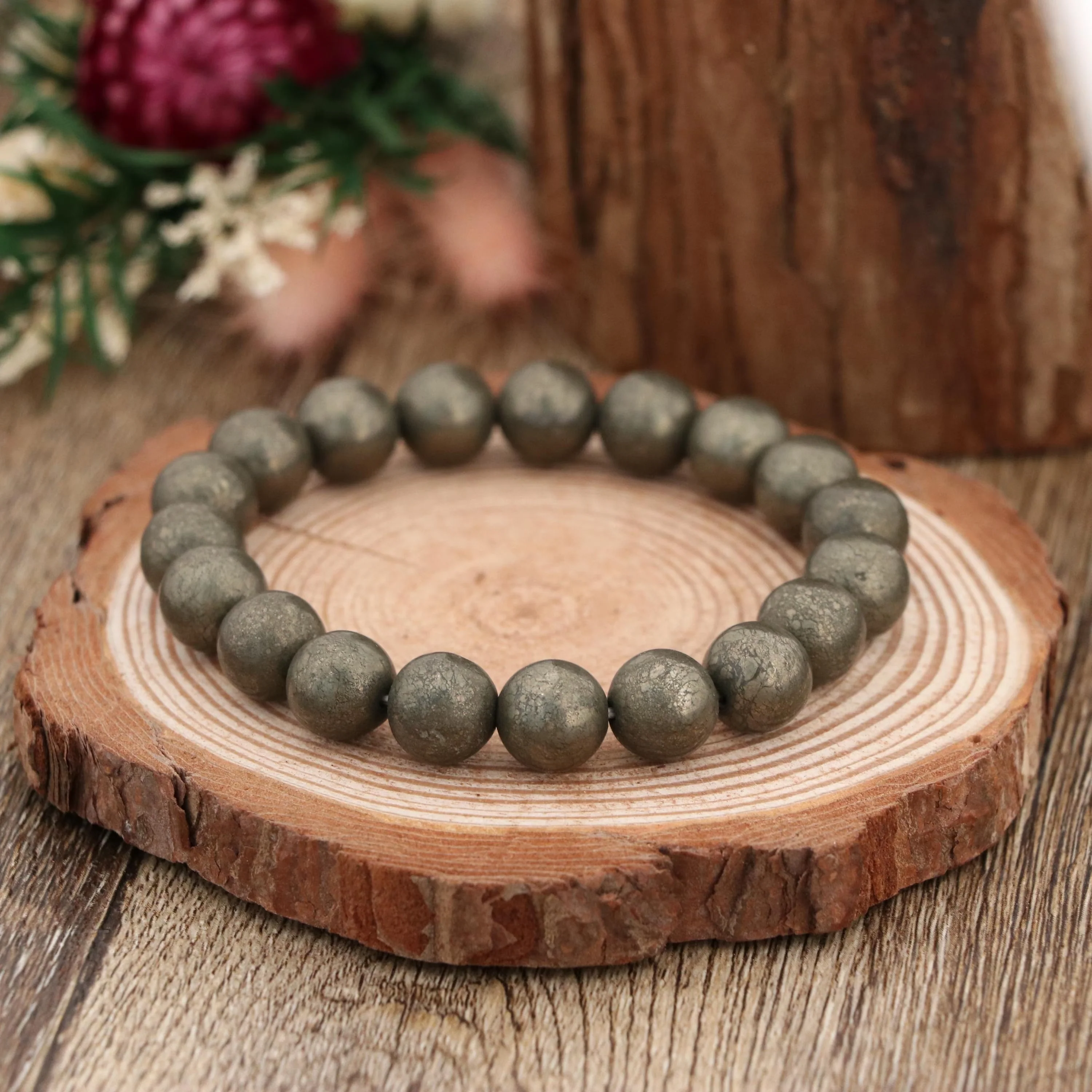 Natural Pyrite Bracelet 10mm , Gold Gemstone Stretch Bracelet