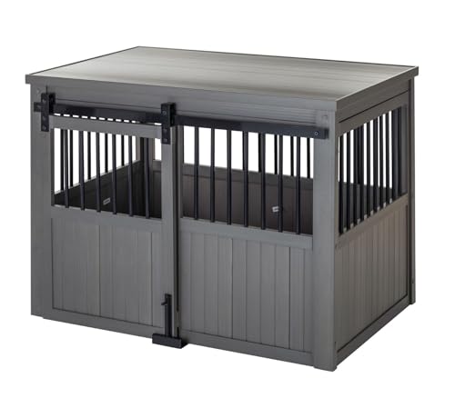 New Age Pet® ECOFLEX® Homestead Sliding Barn Door Furniture Style Dog Crate -Grey, Large (EHDBC15-05L) - Stylish, Durable, Removable Cushions