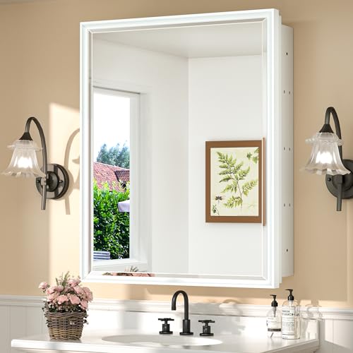 TokeShimi Recessed Medicine Cabinet with Mirror Wall Mounted, Metal Beveled Mirror with Storage for Bathroom Vanity