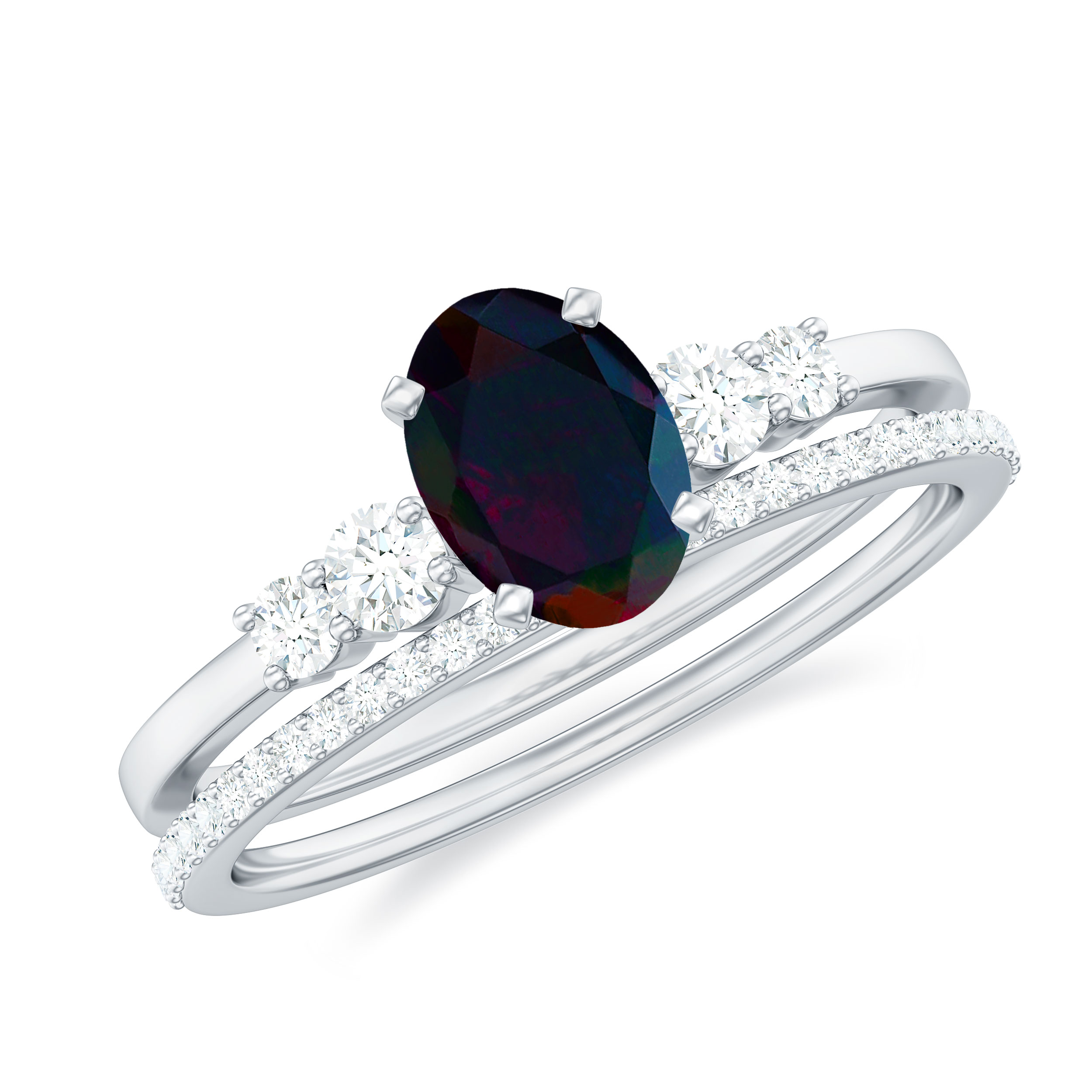 Oval Black Opal Solitaire Ring Set with Diamond for Women (5X7 mm, AAA Grade), 925 Sterling Silver, US 4.00