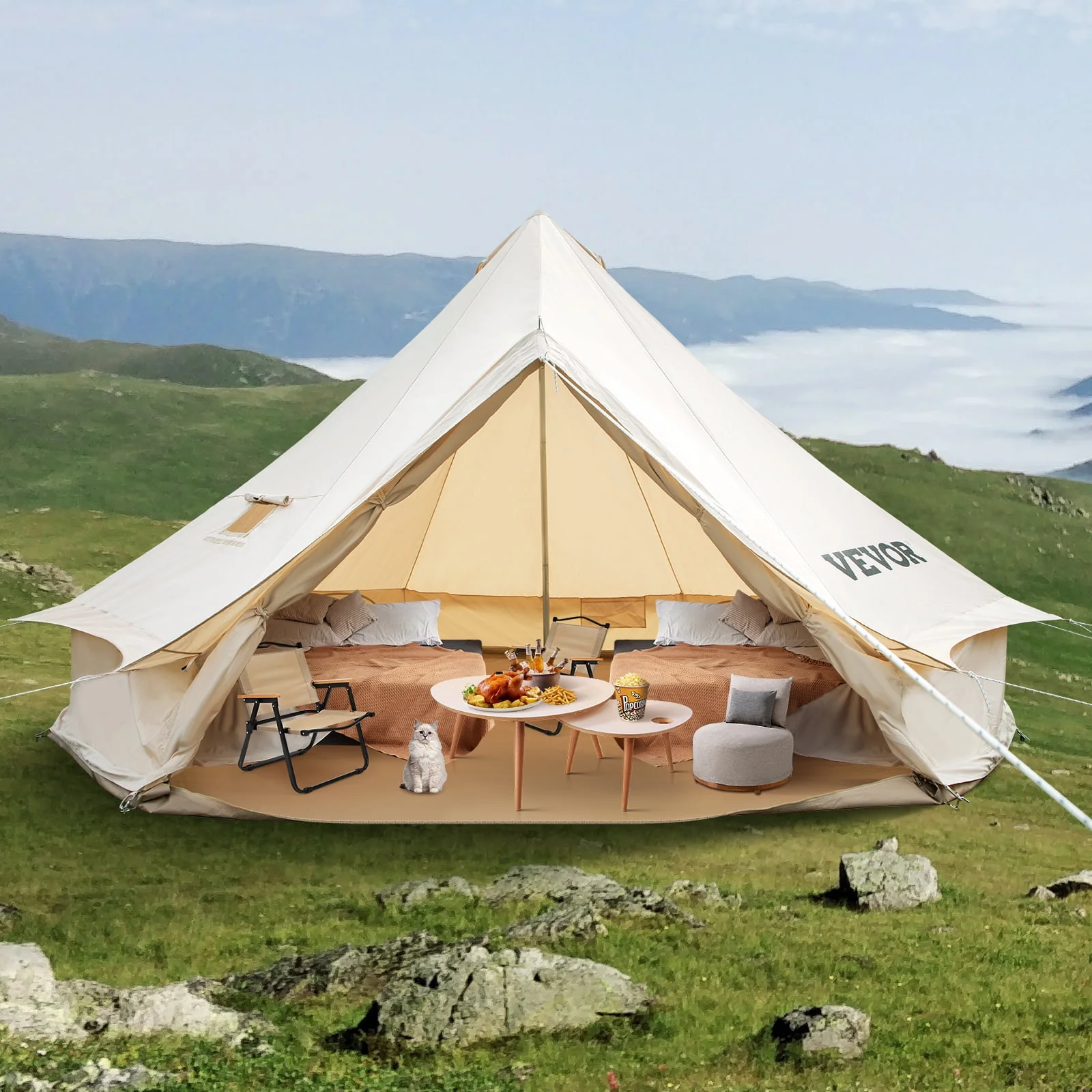 SKYSHALO Yurt Tent 13.1ft Cotton Canvas Tent with Wall Stove Jacket Glamping Tent Waterproof Bell Tent for Family Camping Outdoor Hunting in 4 Seasons