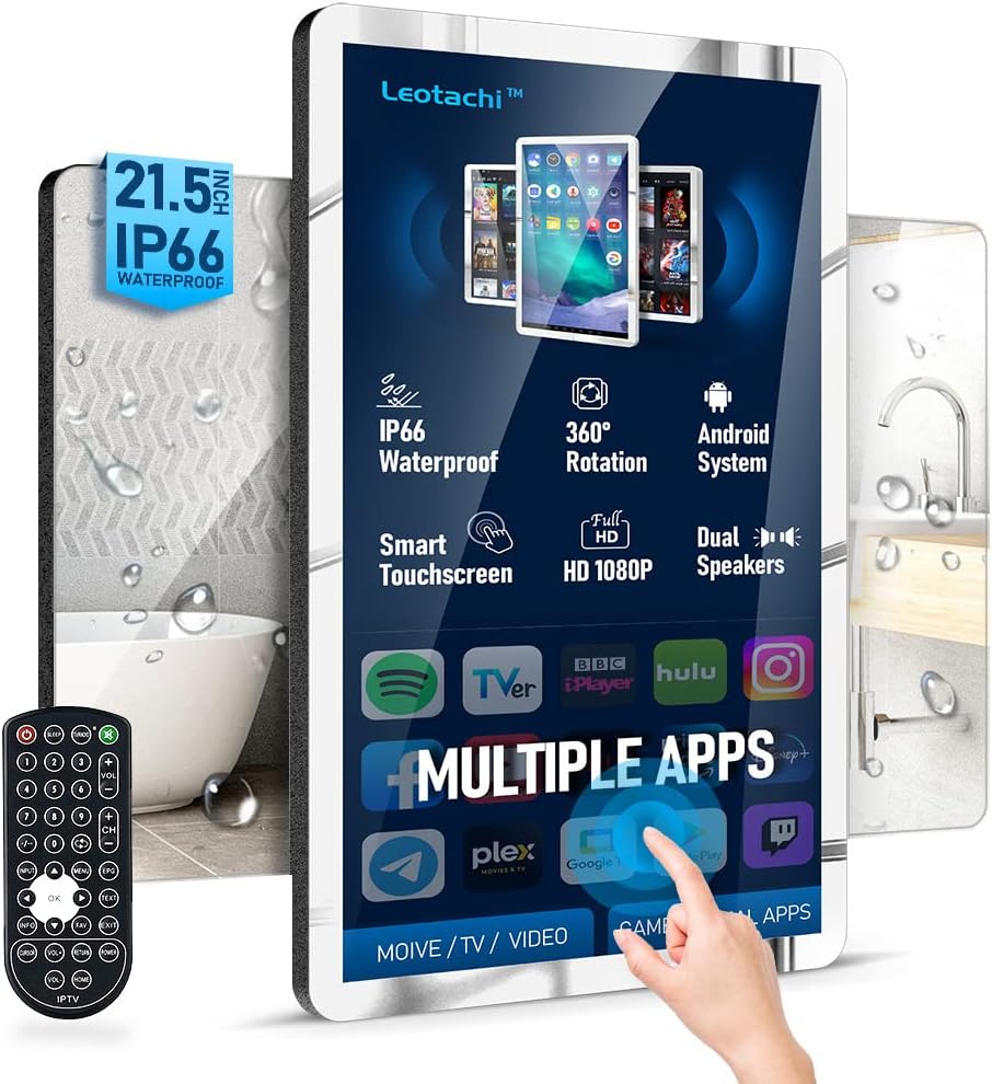 21.5 inch Smart Touchscreen Mirror IP66 Waterproof TV for Bathroom Shower - Support 360° Rotation