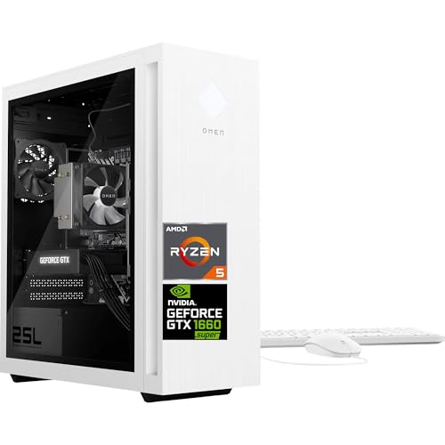 HP OMEN 25L Gaming Desktop PC | AMD Ryzen 5 5600G 6-Core | GeForce GTX 1660 Super | WiFi | HDMI | Display Port | White Lighting CPU Cooler | Windows