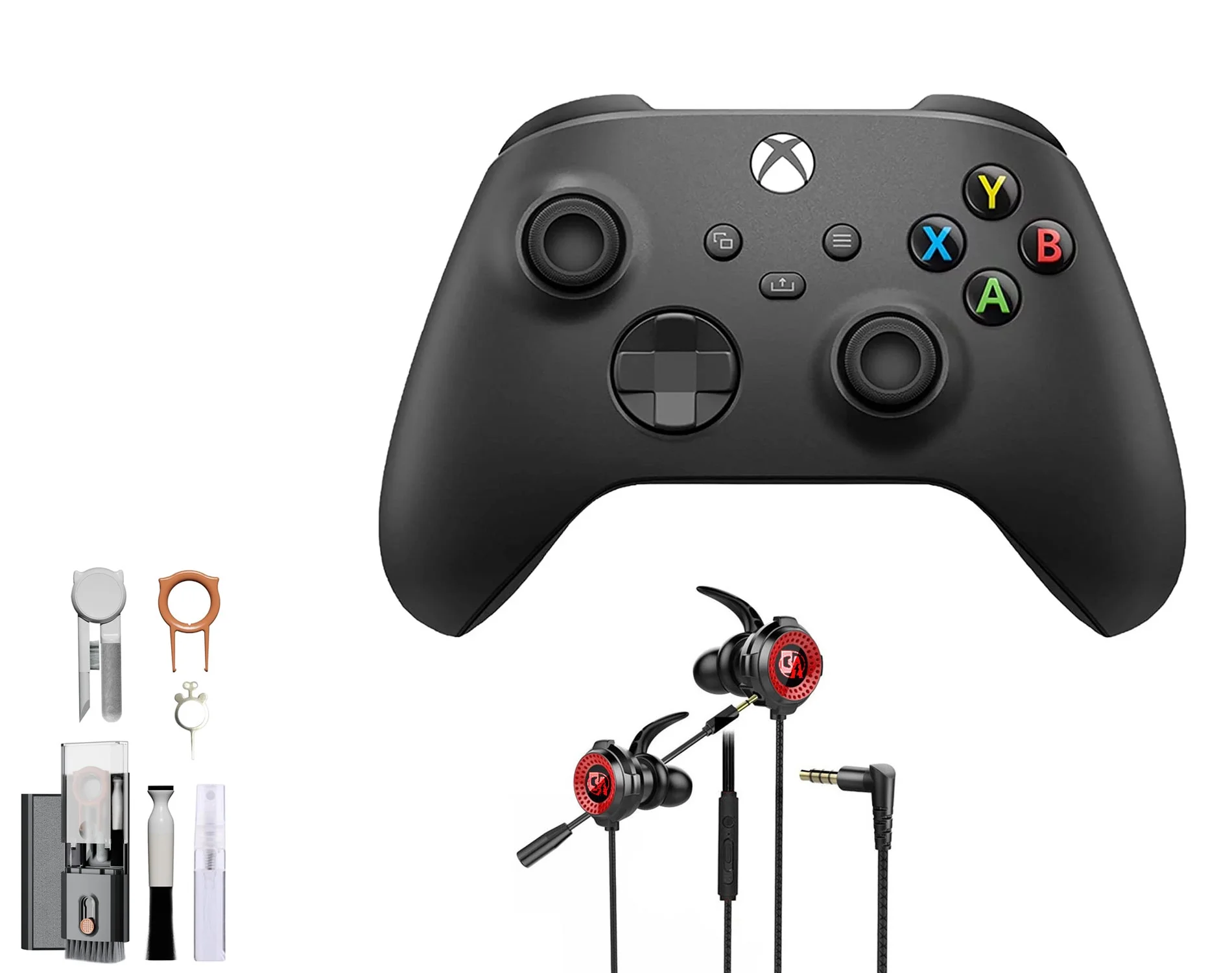 Microsoft Xbox Wireless Carbon Black Controller for Xbox Console + Wired Earbuds With Cleaning Kit BOLT AXTION Bundle Used - Curated Treasures Market