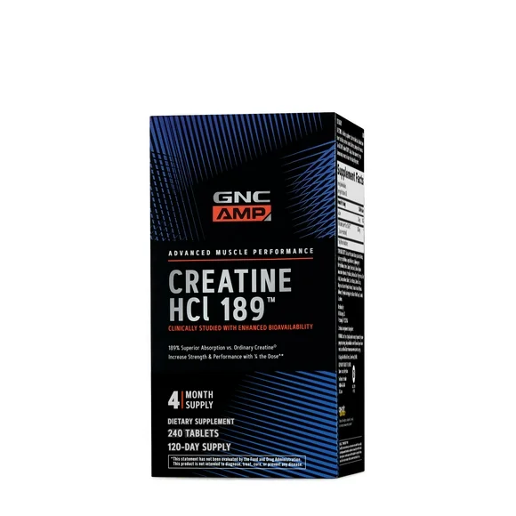 GNC AMP Creatine HCl 189 Pills, Clinically Proven Strength & Muscle Builder, Fast Absorbing Athletic Performance, Energy Production, Recovery