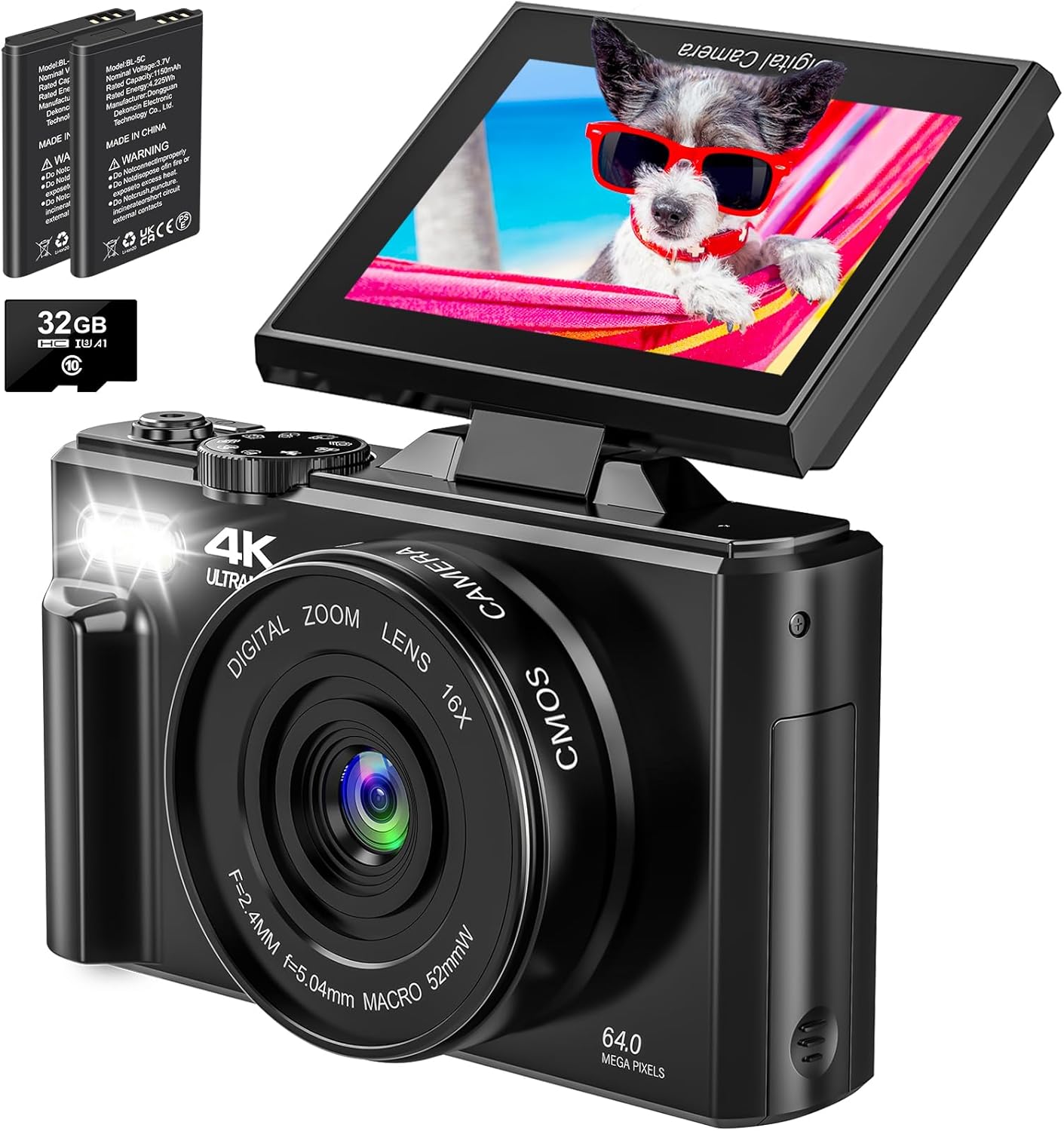 4K Digital Camera for Photography, 64MP Vlogging Camera for YouTube with 18X Zoom, Auto-Focus 4K Video Camera with 32GB SD Card