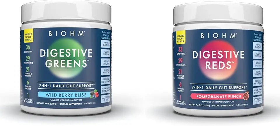 BIOHM Essential Bundle, Digestive Reds and Greens, Superfood Powder, Antioxidants, Vitamins, Probiotics, Digestive Health for Men and Women