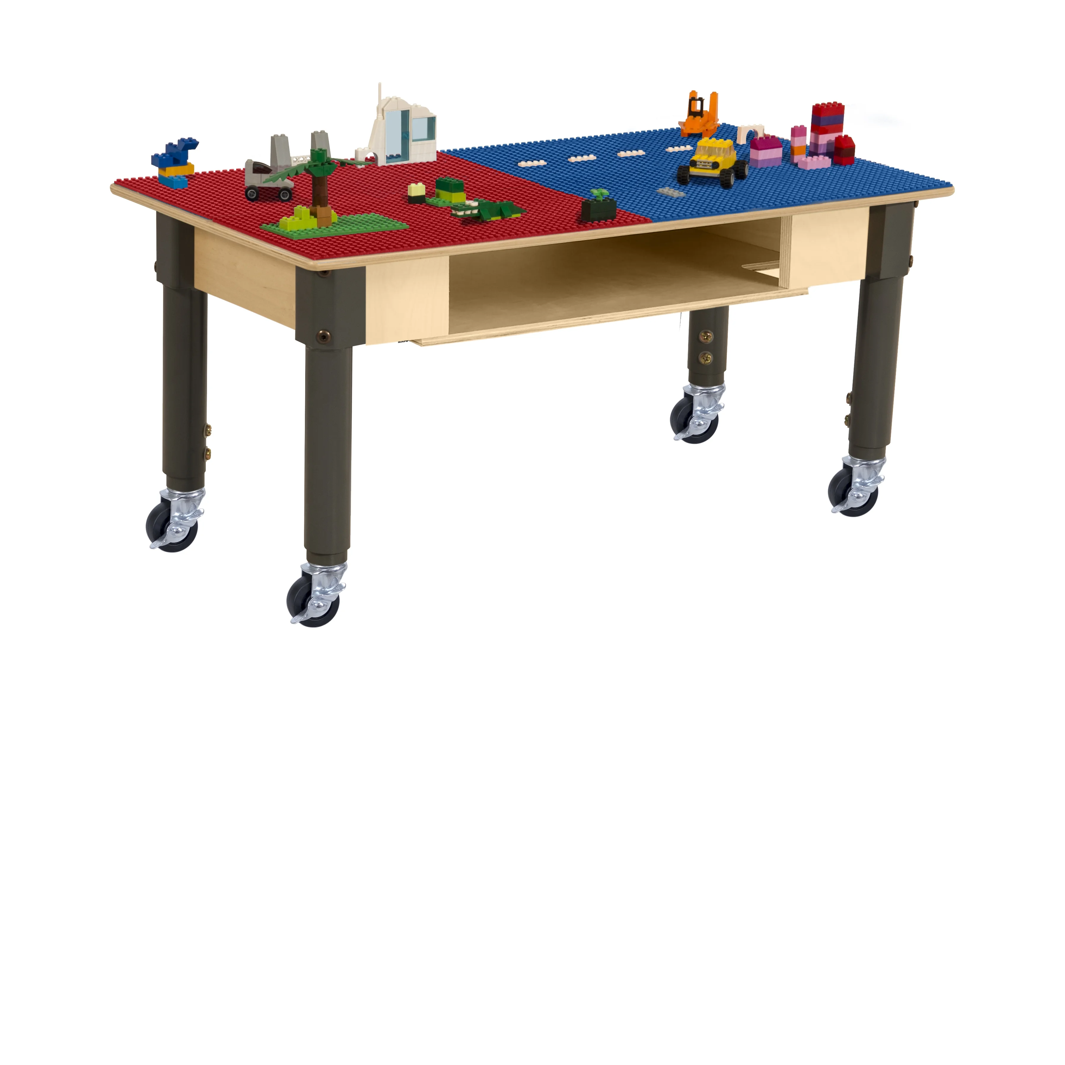 Time-2-Play 30.75"x15.5" Rectangular School Activity Table, Red & blue Lego Compatible Play Table with Built-in Storage N Wheels for Kids