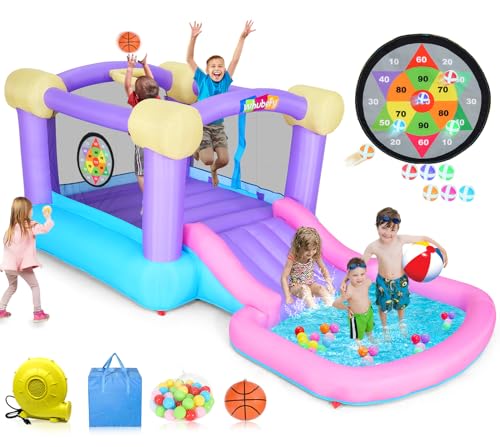 Pink Inflatable Bounce House for Kids 2-8 with Ball Pit & Slide, Indoor Jumpy Bouncy House w/440W Blower, 50 Ocean Balls, 6 Sticky Darts, Basketball